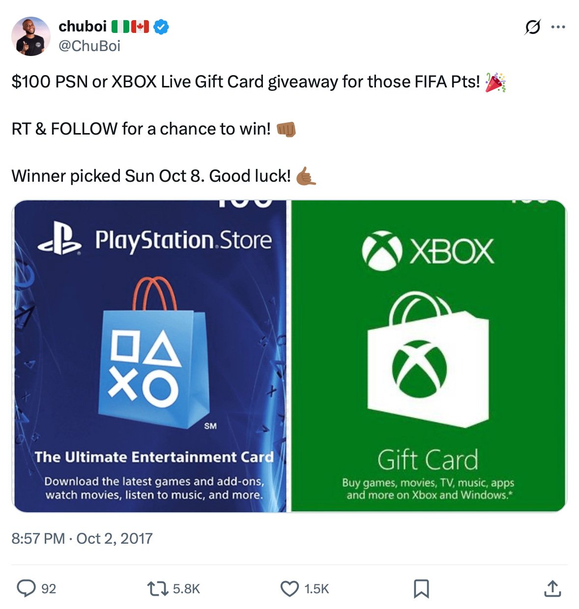 PlayStation Store and Xbox gift cards side by side in $100 giveaway graphic