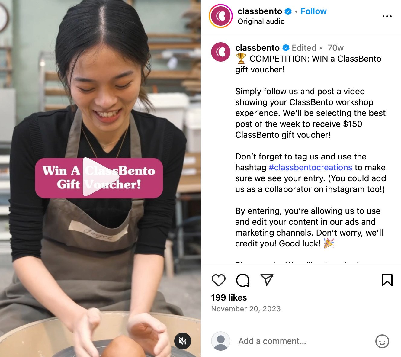 ClassBento workshop giveaway campaign on Instagram ClassBento Instagram post featuring a creative workshop giveaway with craft materials and brand styling