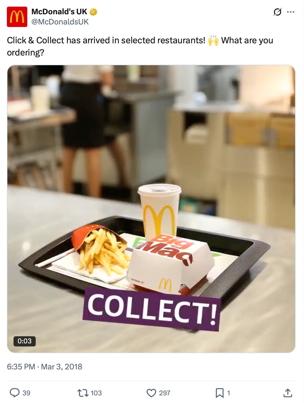 Click & Collect now available in selected McDonald’s UK restaurants McDonald’s UK tweet announcing Click & Collect service with a Big Mac meal on a tray