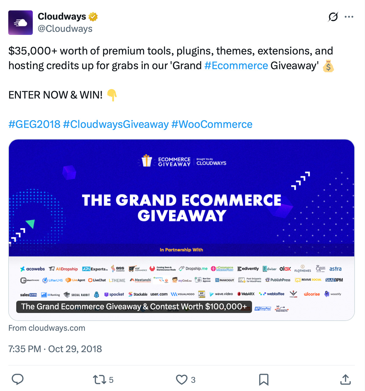 Banner for The Grand Ecommerce Giveaway by Cloudways with partner logos