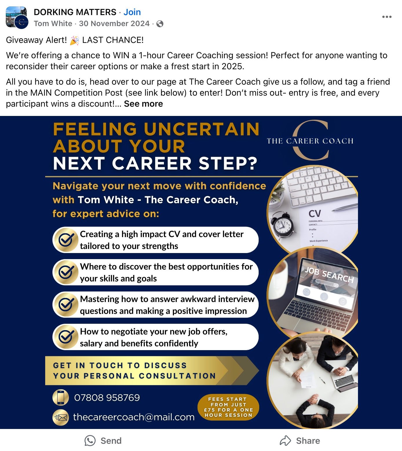 Career coaching giveaway post by The Career Coach via Dorking Matters Facebook group Facebook giveaway post offering a free 1-hour career coaching session with The Career Coach