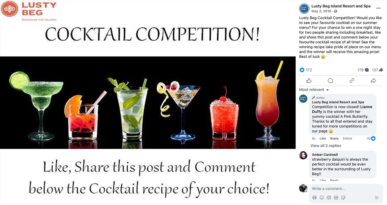 Run a cocktail giveaway to boost Facebook engagement and reach Facebook post featuring a cocktail giveaway promotion