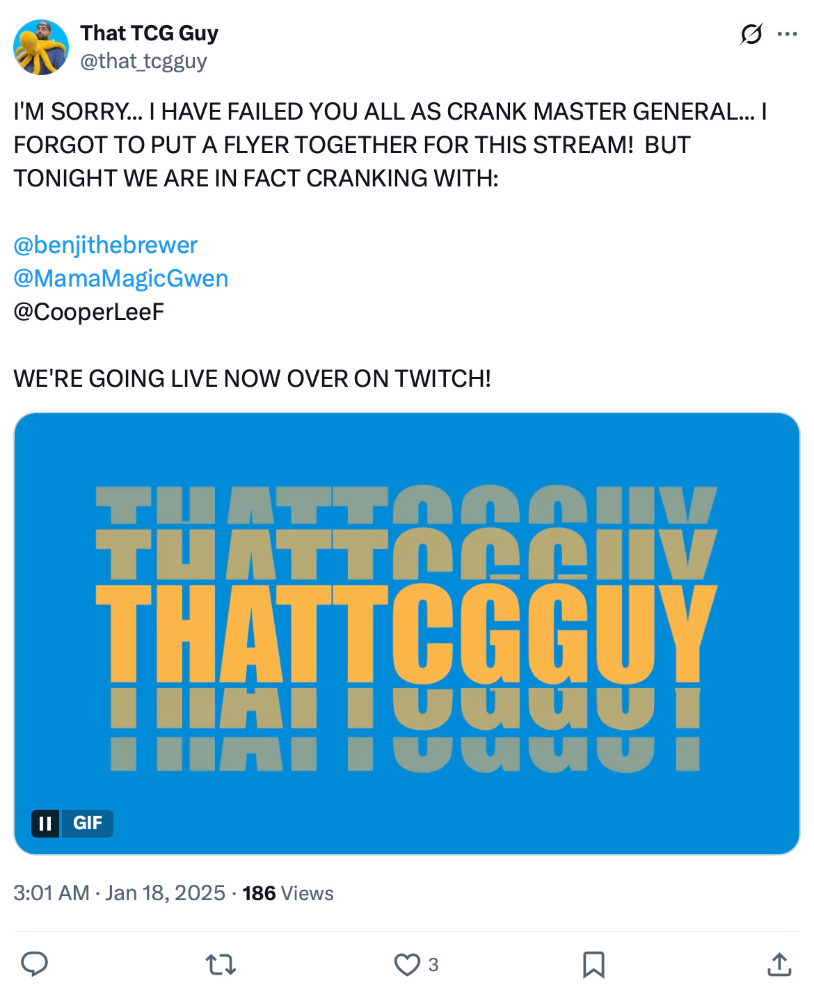 Tweet promoting a Twitch stream collaboration with bold text graphic saying THATTCGGUY