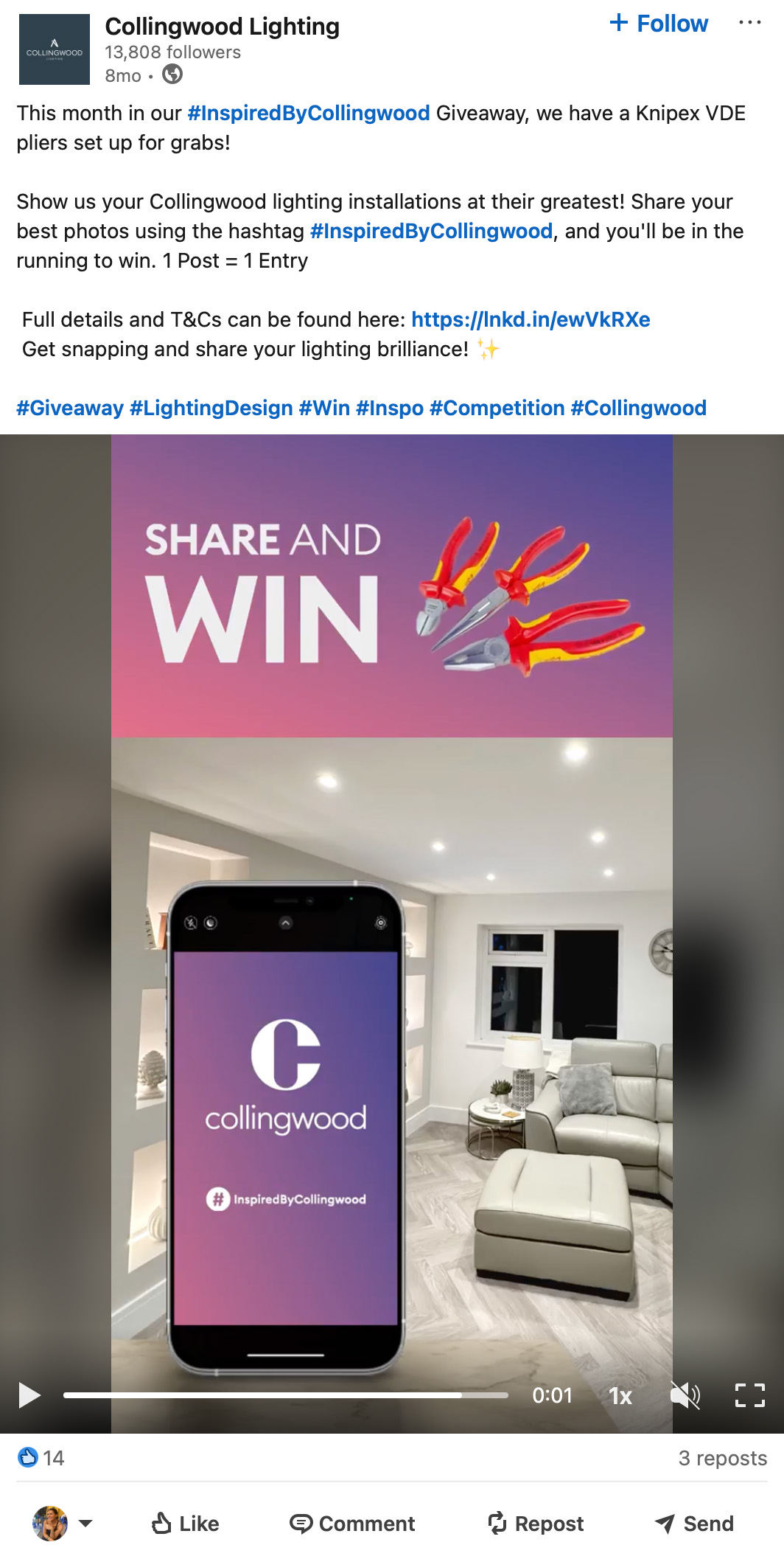 Collingwood Lighting LinkedIn giveaway featuring a Knipex VDE pliers prize LinkedIn giveaway post from Collingwood Lighting asking users to share lighting photos with the hashtag InspiredByCollingwood