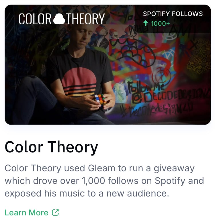 Color Theory used Gleam to gain 1,000+ Spotify follows through a giveaway campaign