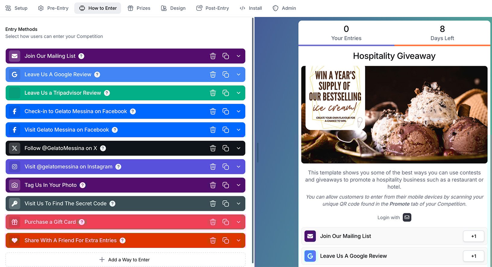 Set up hospitality giveaway entry methods in Gleam Gleam competition setup screen showing multiple entry methods for a hospitality giveaway, including social actions and email signup options