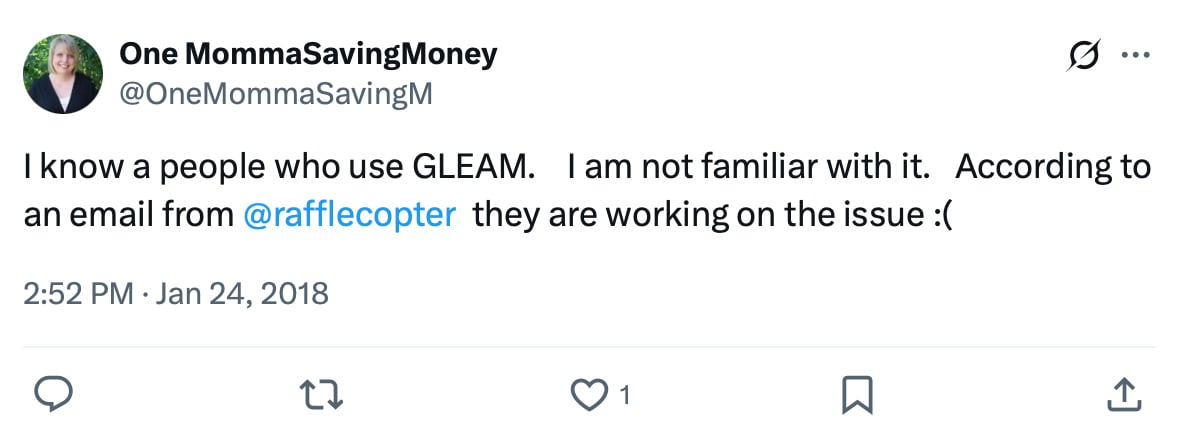 One Momma Saving Money giveaway promotion on Twitter