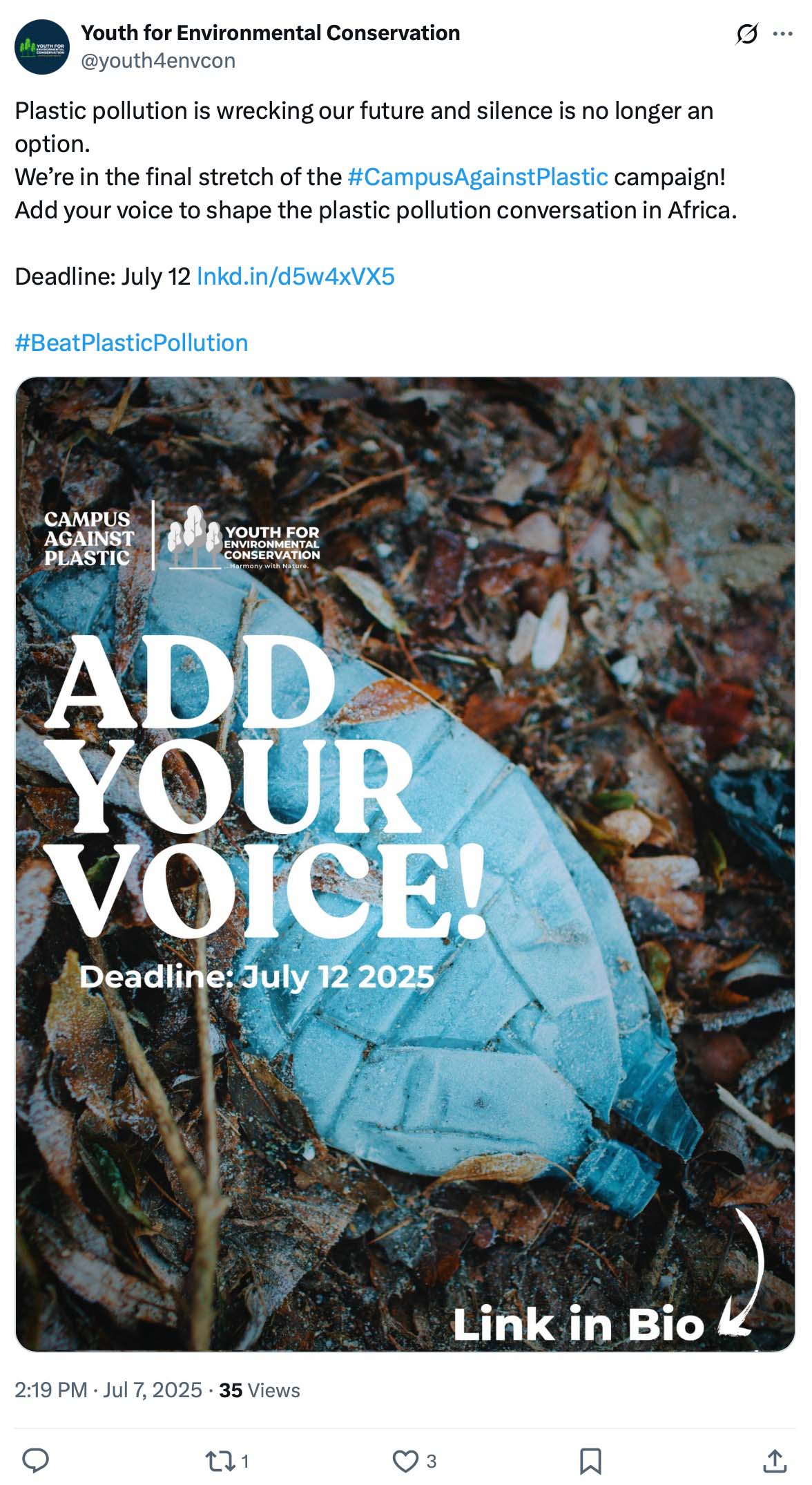 Discarded plastic bottle on forest floor with campaign message 'Add Your Voice! Deadline: July 12 2025'
