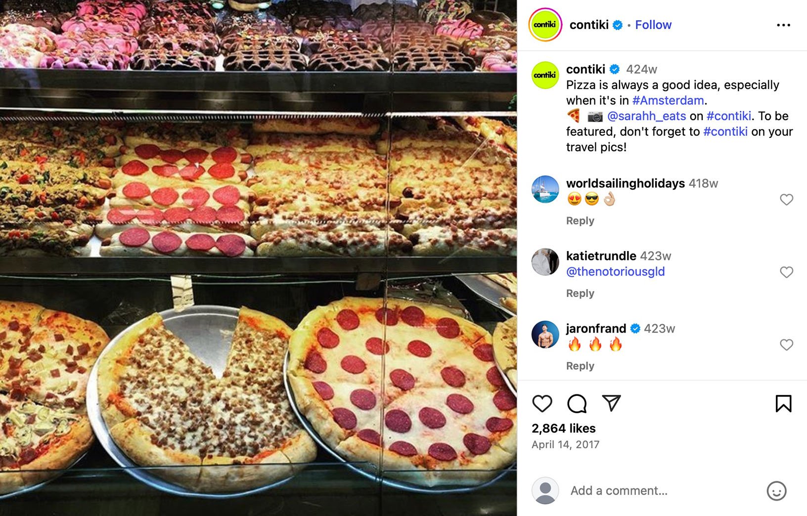 Contiki highlights travel eats with Amsterdam pizza feature Display case filled with pizzas and doughnuts in an Amsterdam pizzeria