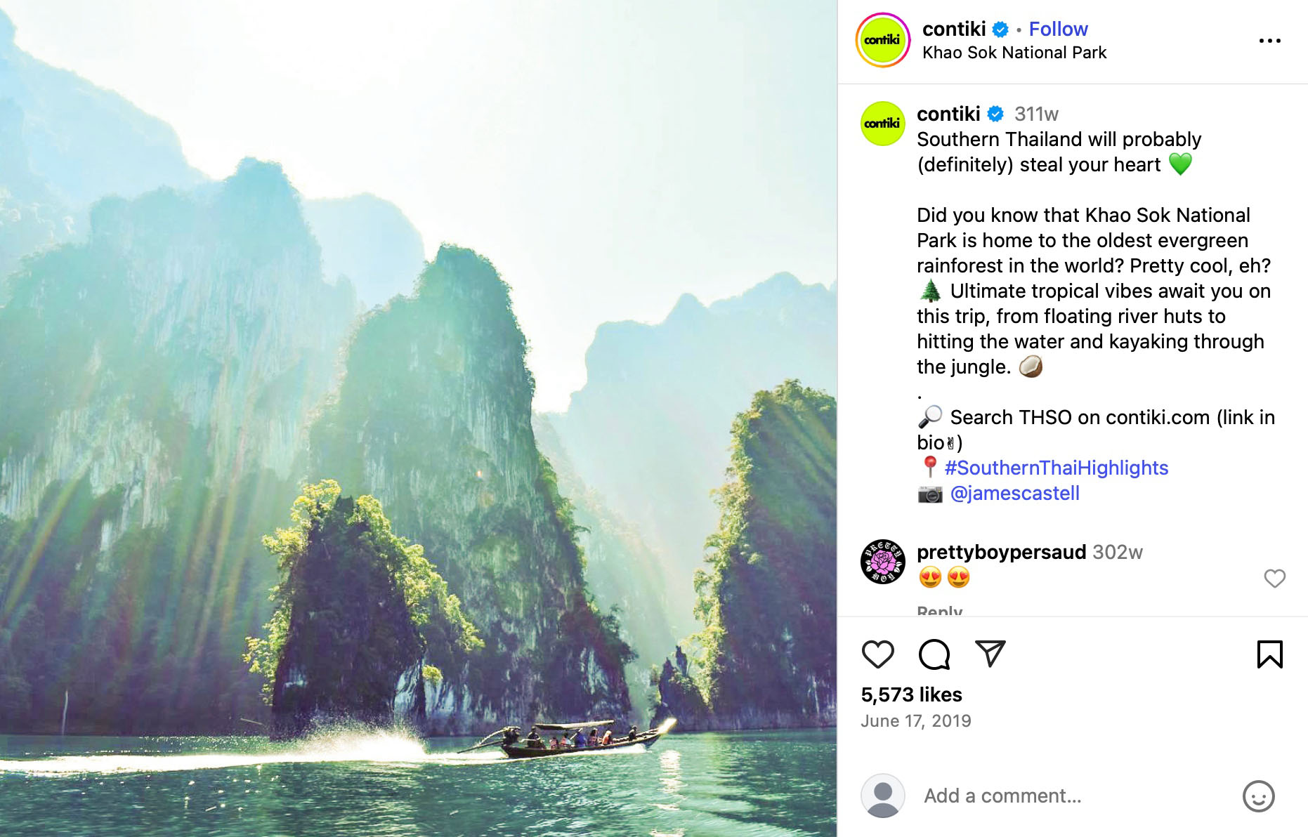 Contiki showcases the tropical magic of Khao Sok National Park, Southern Thailand Longtail boat glides across turquoise waters in Khao Sok National Park, Thailand, surrounded by towering limestone cliffs and sunbeams