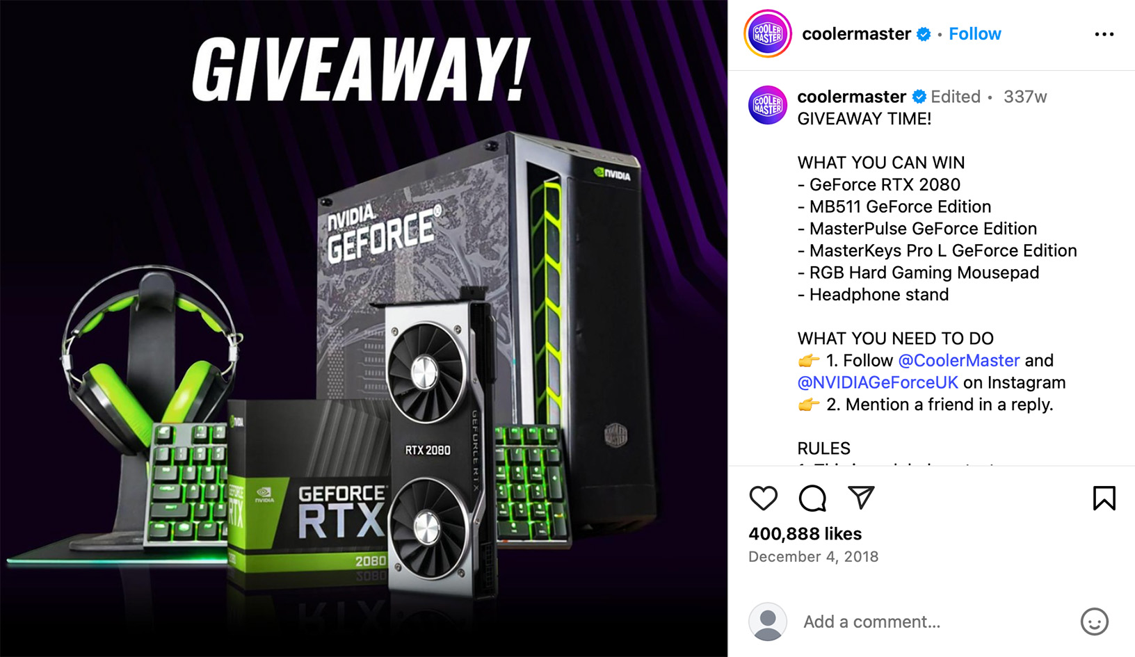 Cooler Master gaming giveaway campaign on Instagram Cooler Master Instagram post promoting a gaming hardware giveaway with branded accessories