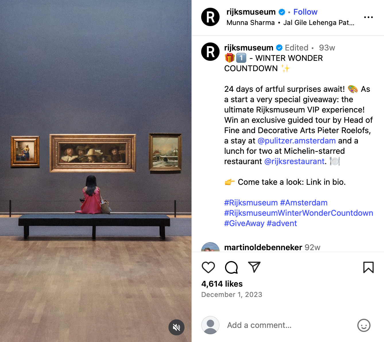 Rijksmuseum Winter Wonder Countdown Giveaway Instagram post from the Rijksmuseum promoting their Winter Wonder Countdown giveaway with an image of a visitor sitting in front of Rembrandt’s The Night Watch