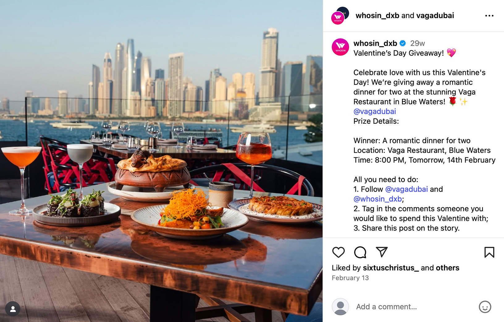 Romantic dinner for two Valentine’s giveaway example on Instagram Instagram Valentine’s giveaway post offering a romantic dinner for two at Vaga Restaurant in Dubai with city views and cocktails