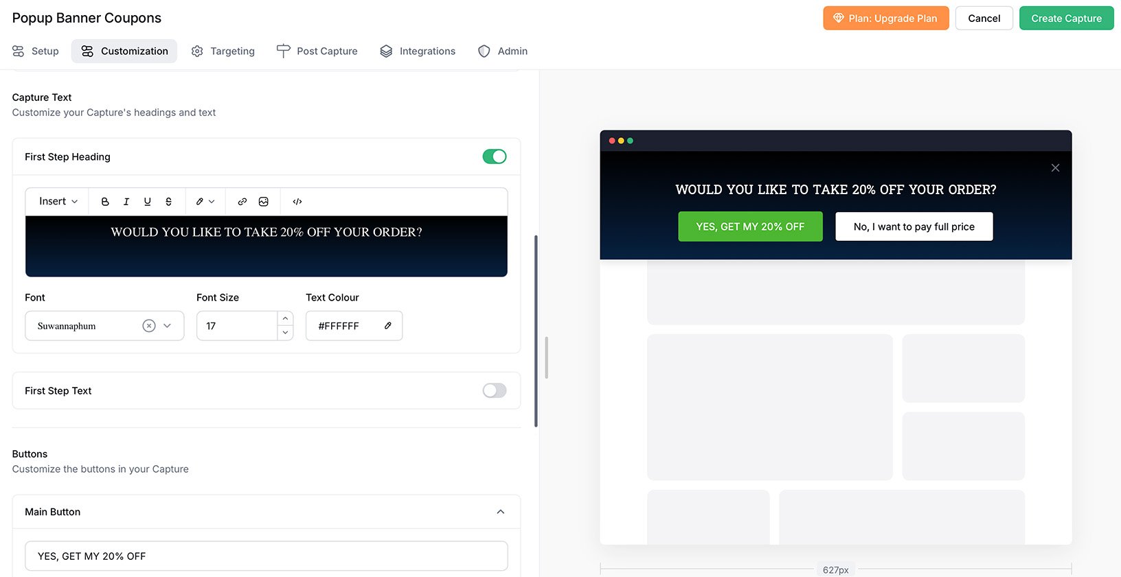 Creating your Coupon Capture Bar in Gleam Customising a Gleam Coupon Capture bar with a first step heading and CTA button