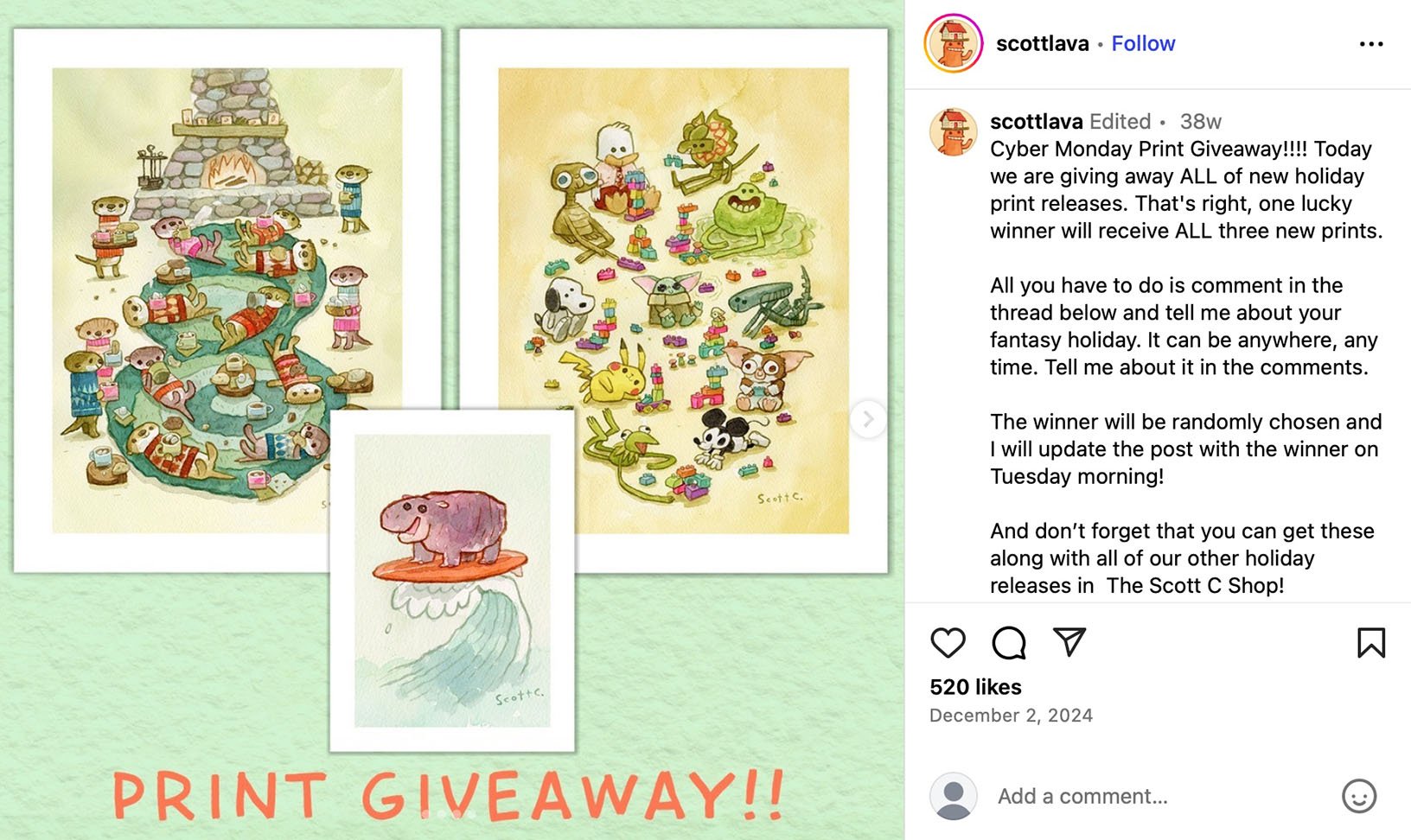 Scottlava Cyber Monday Instagram giveaway post offering three new holiday art prints