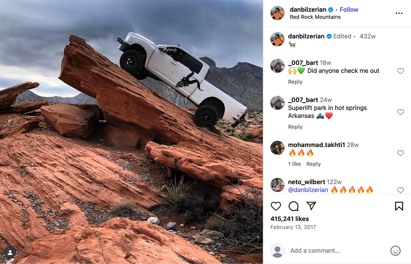 Dan Bilzerian off-roading in Red Rock Mountains White truck climbing steep red rock formation in the desert