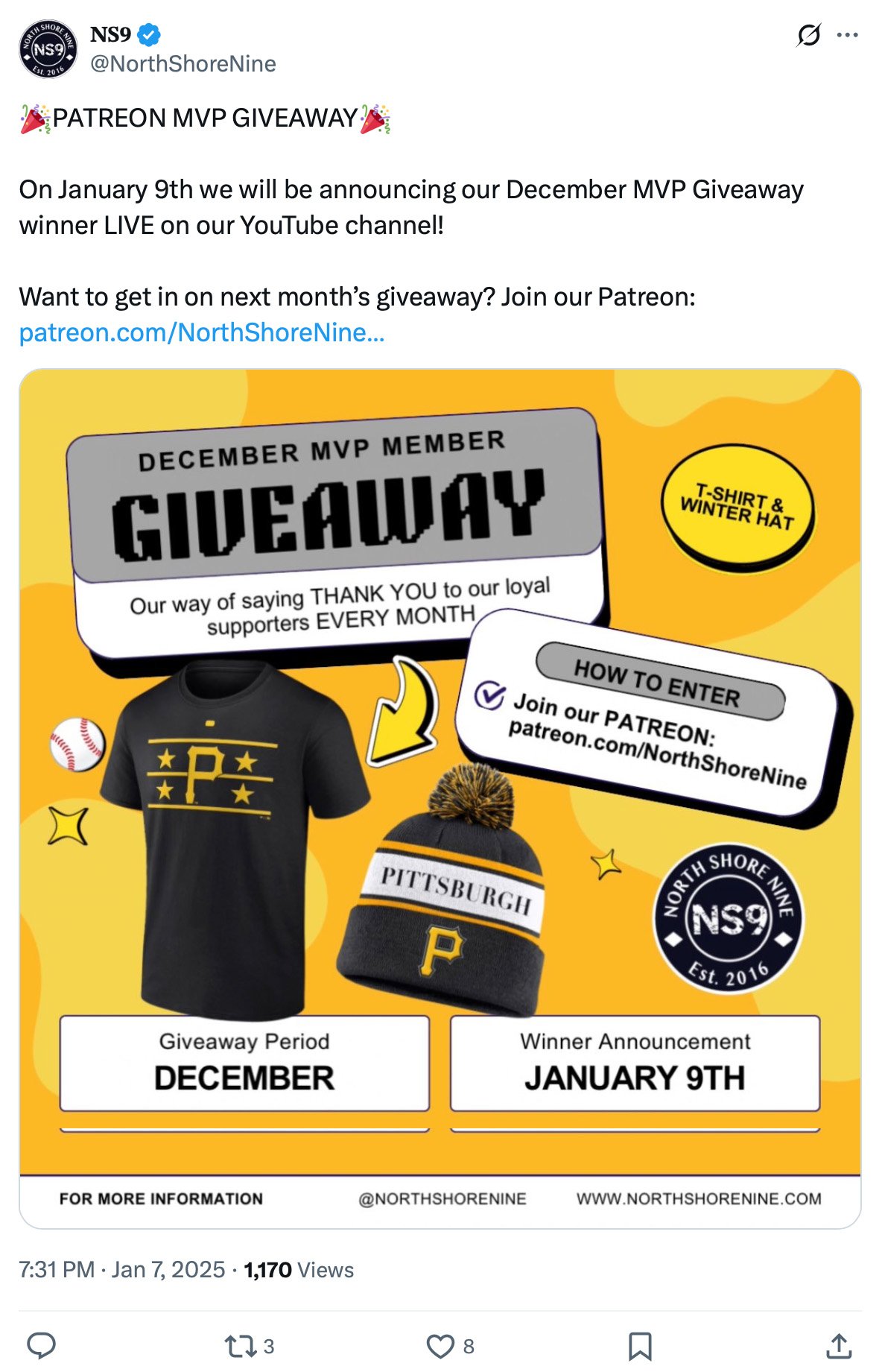 North Shore Nine Patreon MVP giveaway announcement and prize details Tweet by @NorthShoreNine announcing a Patreon MVP giveaway with prizes including a Pittsburgh T-shirt and winter hat, and details about the December giveaway period and January 9th winner announcement