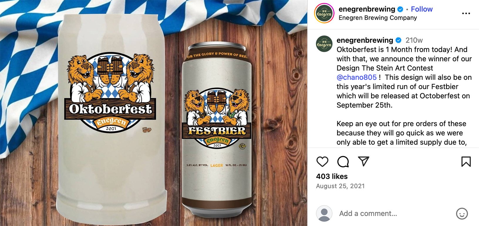 Enegren Brewing announces winner of Oktoberfest stein design contest Custom Oktoberfest stein and beer can featuring lion artwork from a design contest