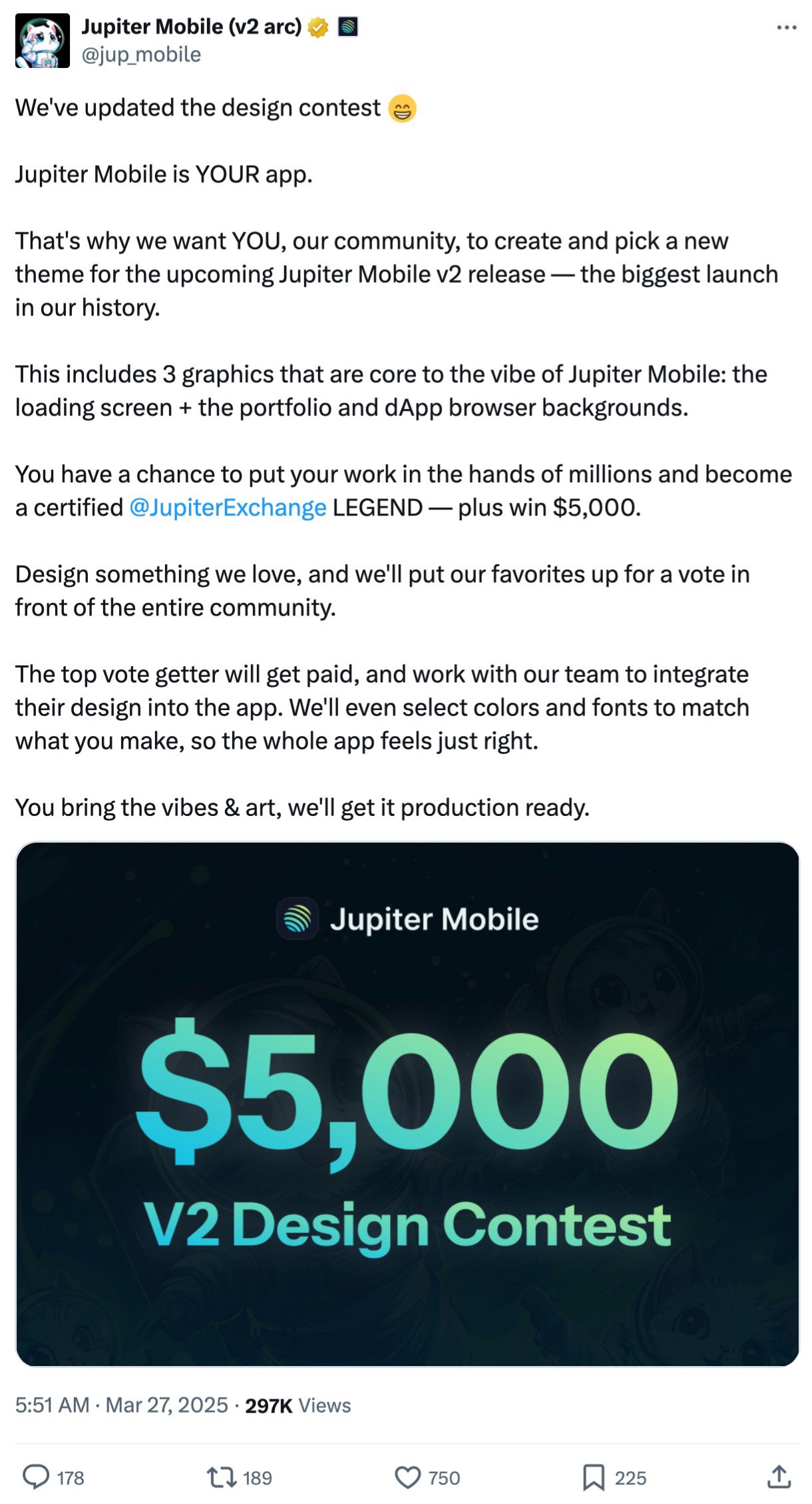 Example of a crowdfunding-style creative challenge engaging the community in design Tweet from Jupiter Mobile announcing a $5,000 design contest asking the community to create app graphics