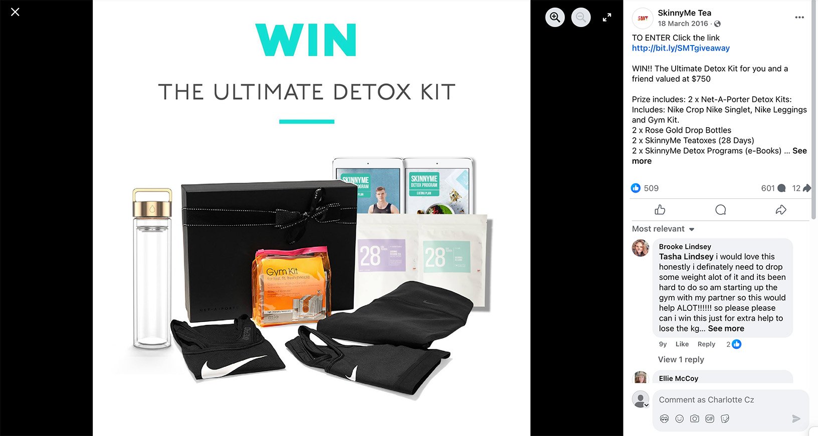 SkinnyMe Tea detox kit giveaway campaign on Facebook SkinnyMe Tea Facebook post featuring a detox kit giveaway promotion