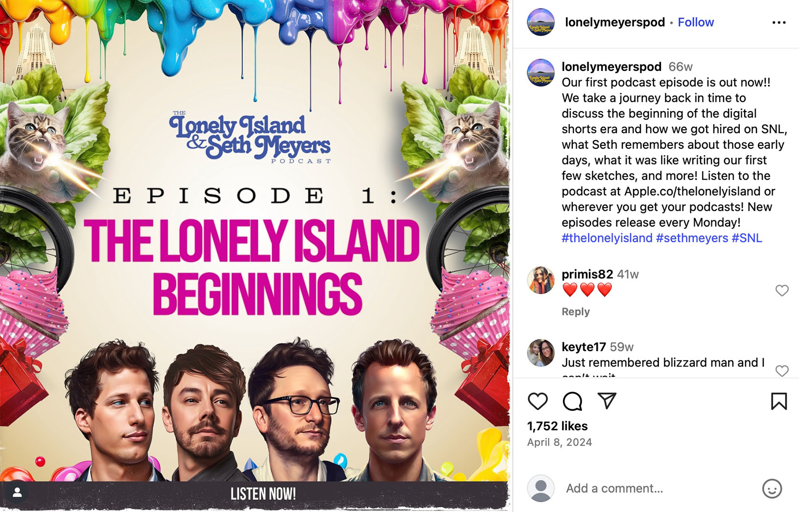 The Lonely Island & Seth Meyers launch first podcast episode with nostalgic origin story Instagram post announcing episode 1 of The Lonely Island & Seth Meyers Podcast, featuring illustrated portraits of the hosts with colourful visual elements