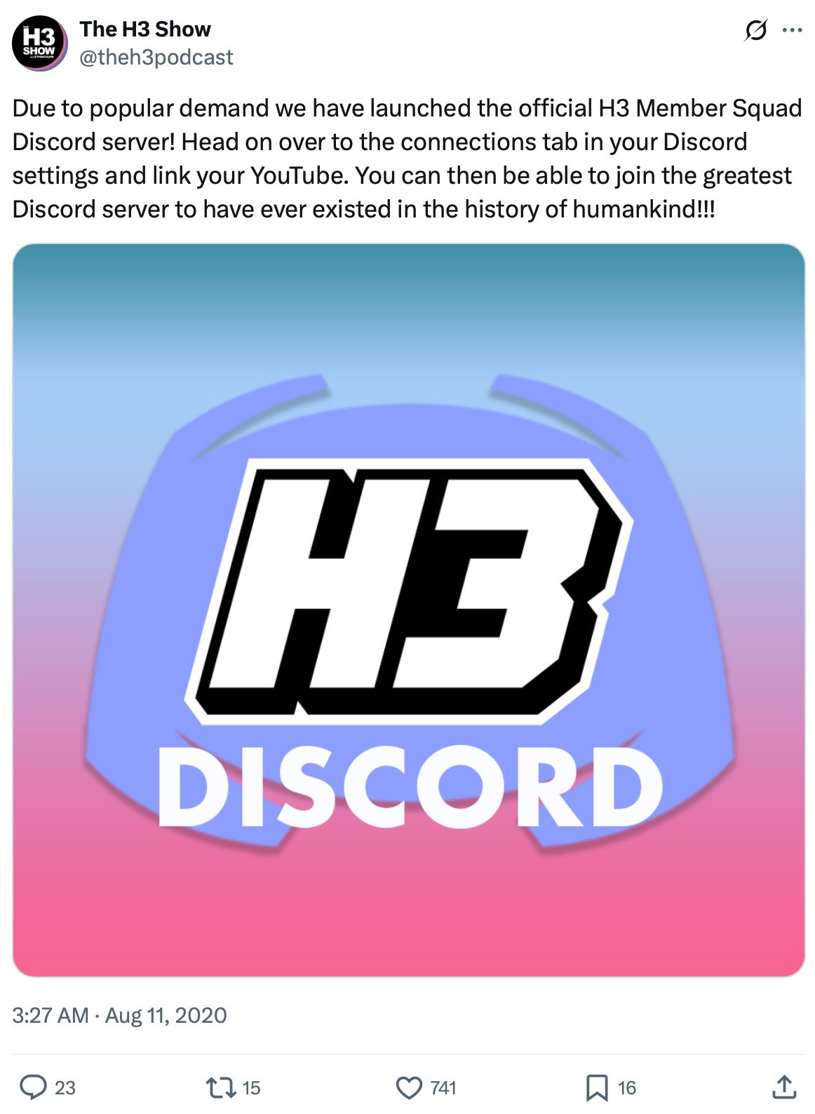 Tweet announcing the launch of the H3 Member Squad Discord server with large H3 Discord graphic