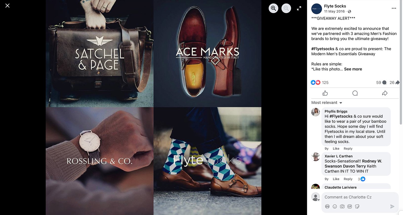 Collage of men’s fashion items from Satchel & Page, Ace Marks, Rossling & Co., and Flyte Socks for giveaway