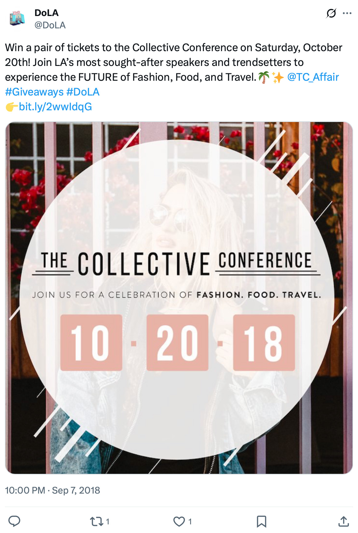DoLA runs ticket giveaway for The Collective Conference Woman behind circular graphic promoting fashion conference on 10-20-18