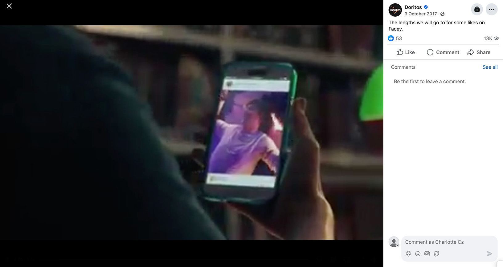 Person viewing a party photo on their phone with caption referencing Doritos' commentary on social media likes