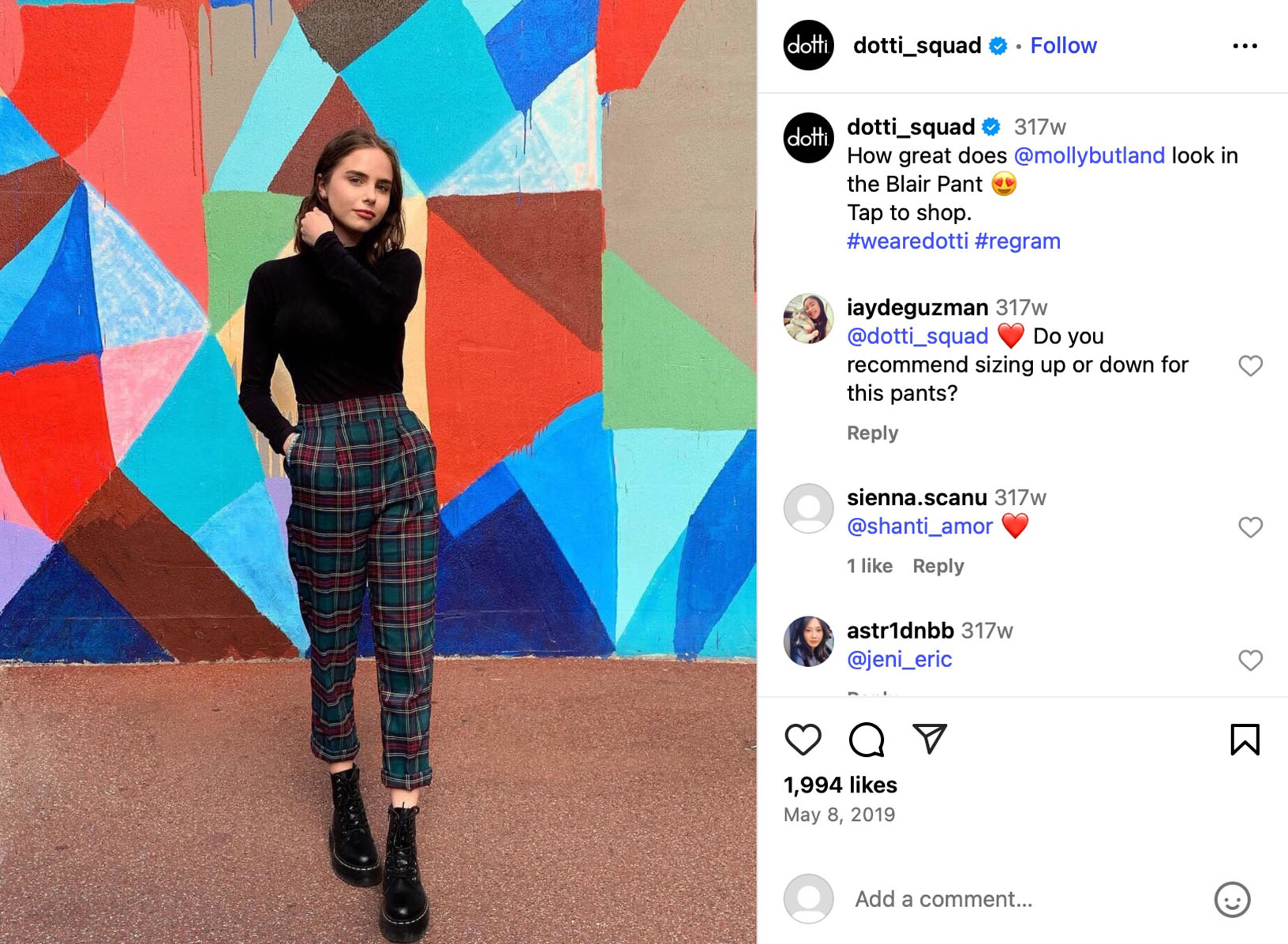 Instagram post from dotti_squad featuring @mollybutland in the Blair Pant, standing in front of a colorful mural.