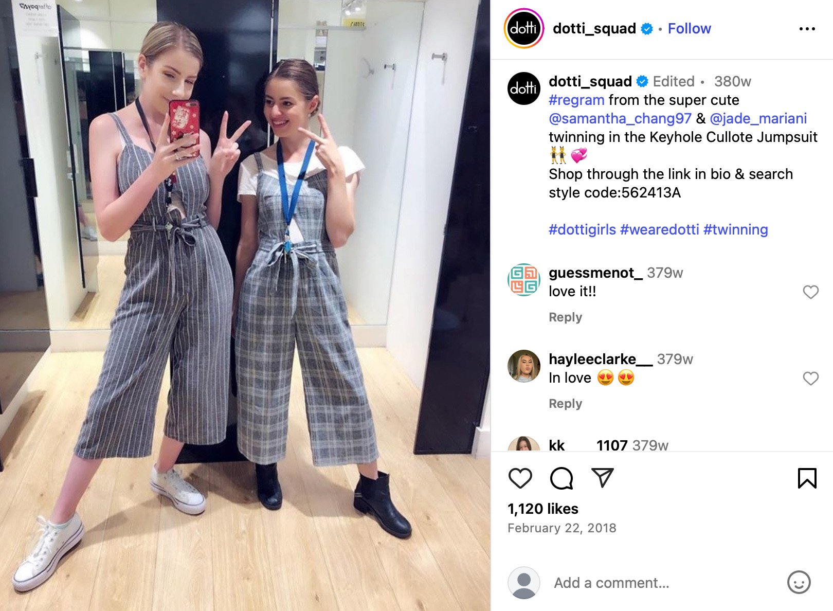 Dotti Squad shares a twinning moment featuring matching jumpsuits from their collection Two women posing in a mirror selfie wearing matching Keyhole Culotte Jumpsuits, smiling and flashing peace signs