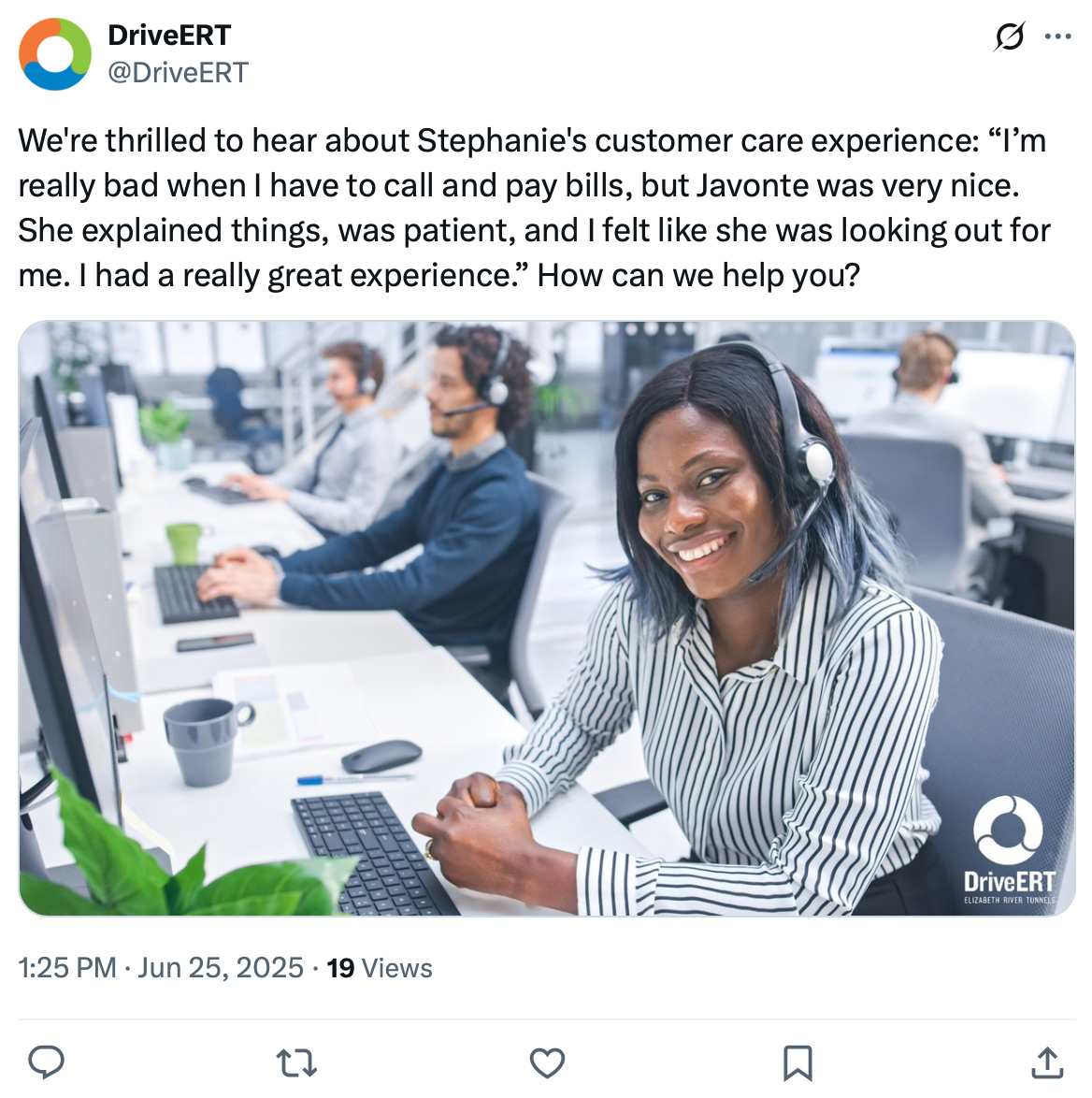 DriveERT shares a customer review highlighting great support from a team member named Javonte