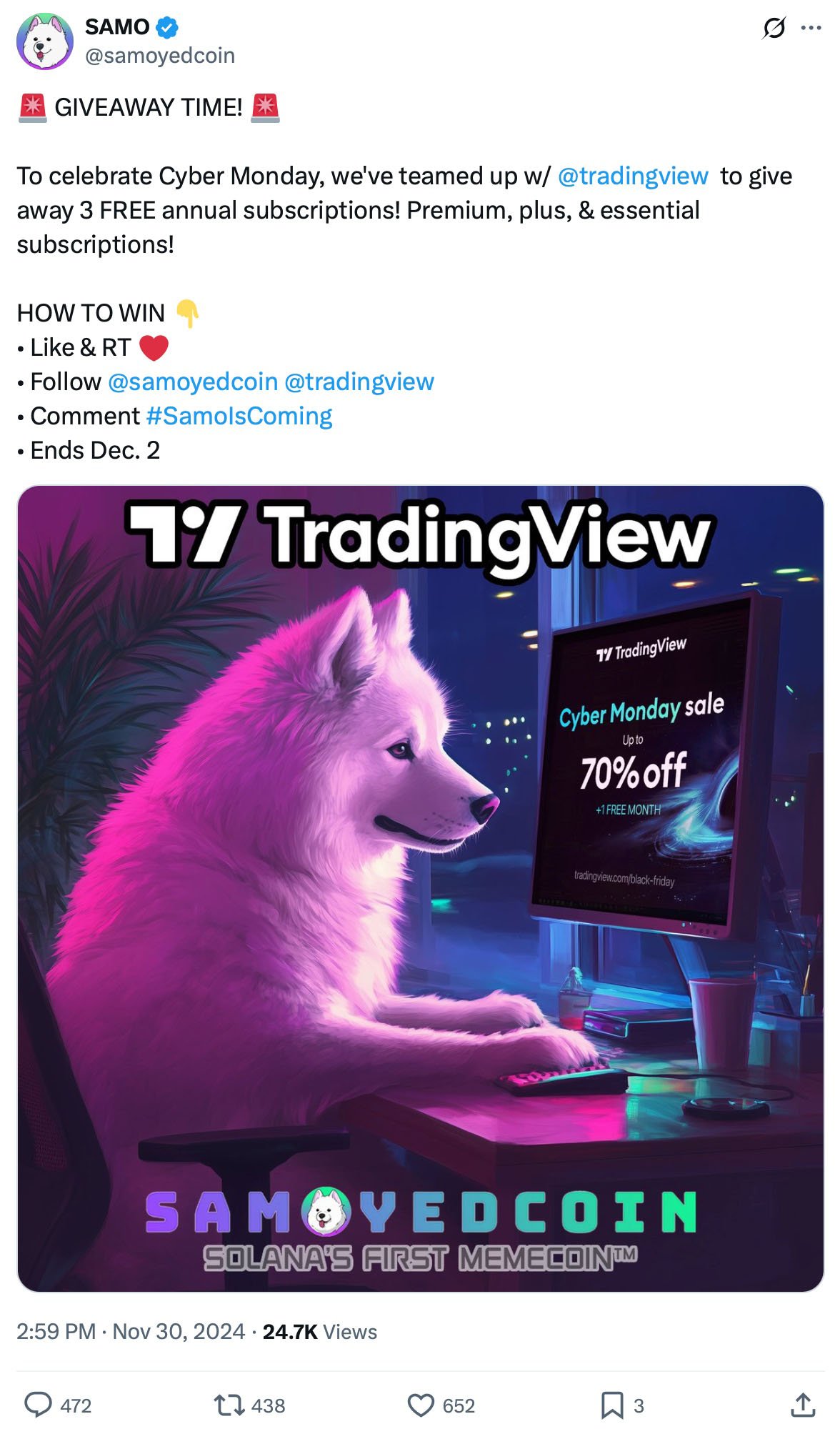 Samoyedcoin Cyber Monday giveaway with TradingView offering subscription prizes