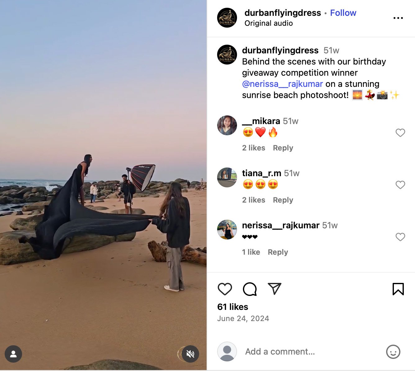 Durban Flying Dress giveaway winner photoshoot on the beach at sunrise Behind-the-scenes beach photoshoot with giveaway winner and Durban Flying Dress team at sunrise