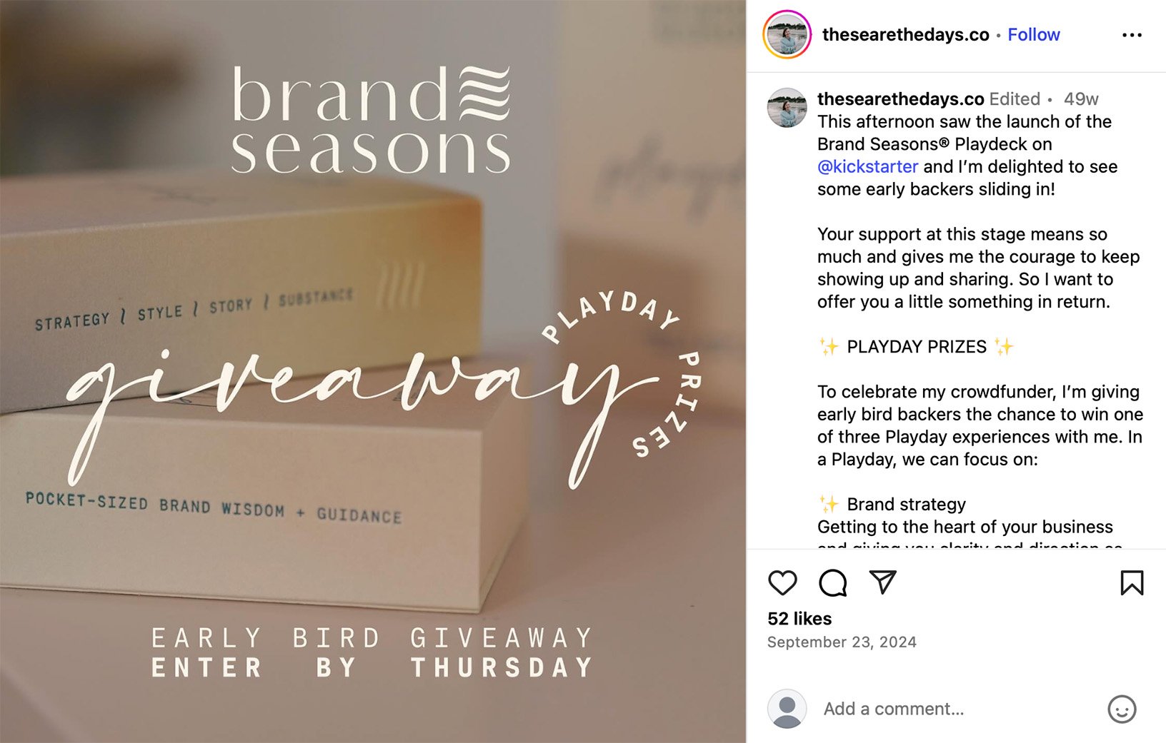Example of a Kickstarter early bird giveaway rewarding early backers with prizes Instagram post showing a Kickstarter early bird giveaway announcement with a branded product box