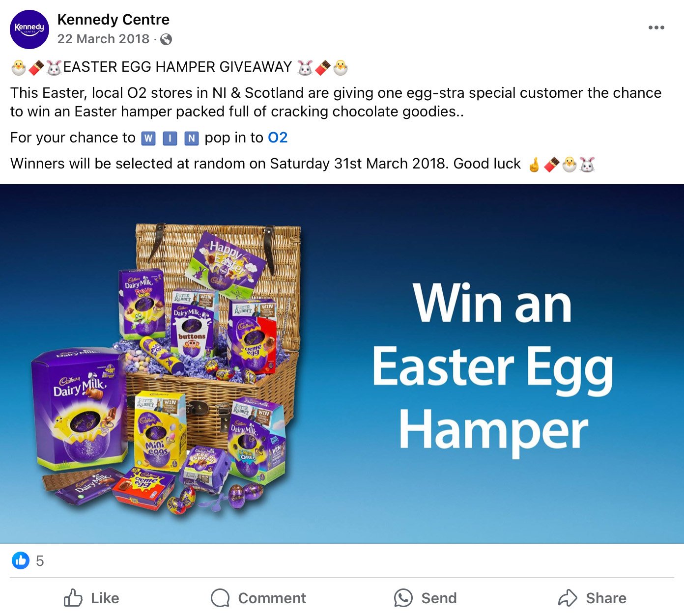 Wicker basket filled with Cadbury Easter eggs and chocolates with blue background