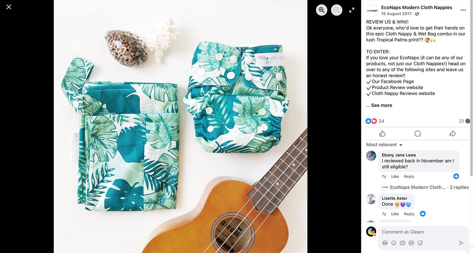 EcoNaps Cloth Nappy & Wet Bag Giveaway EcoNaps Tropical Palms cloth nappy and wet bag beside a wooden ukulele