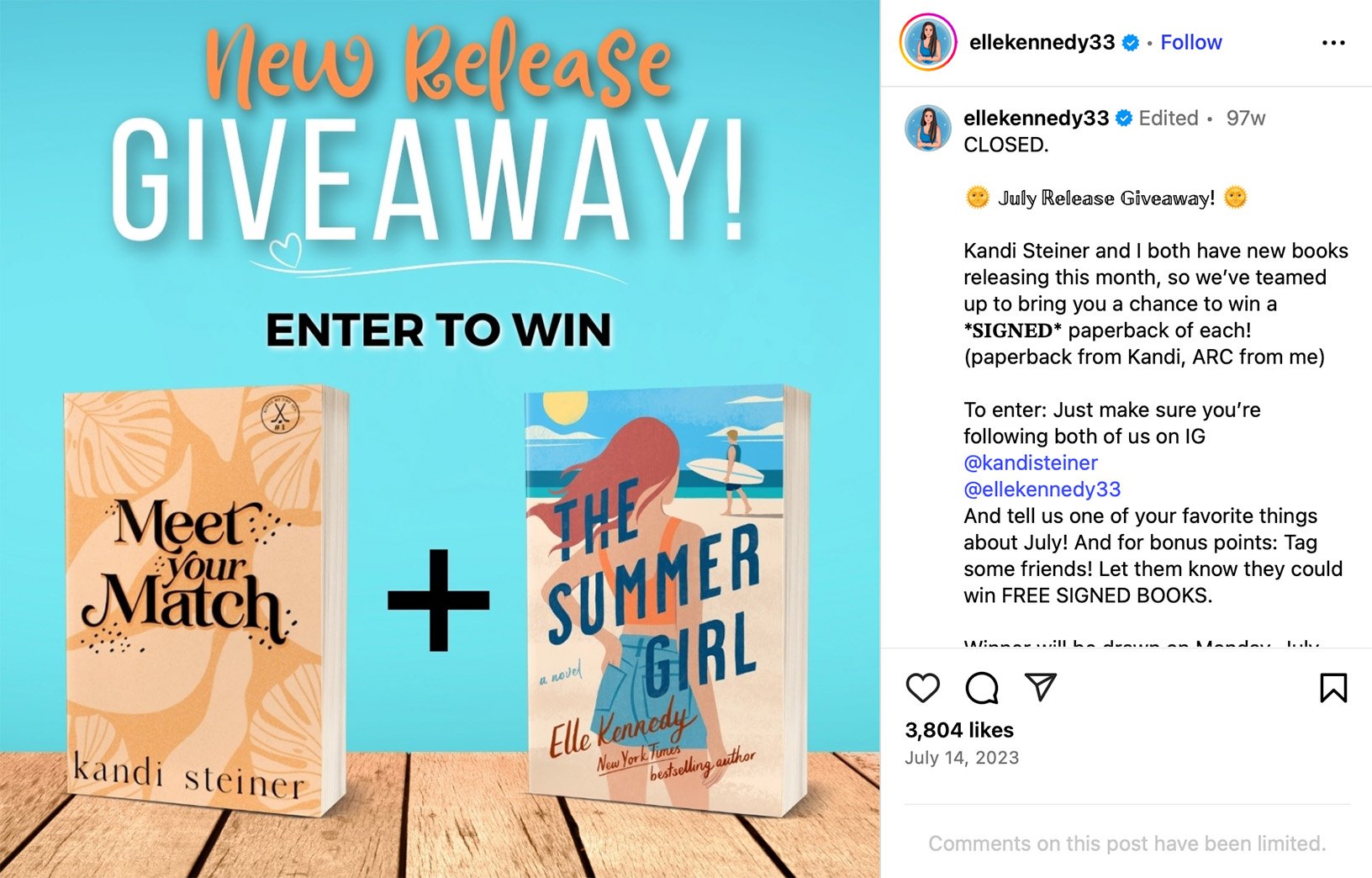 Two books standing upright on a wooden surface: 'Meet Your Match' and 'The Summer Girl' with giveaway text above