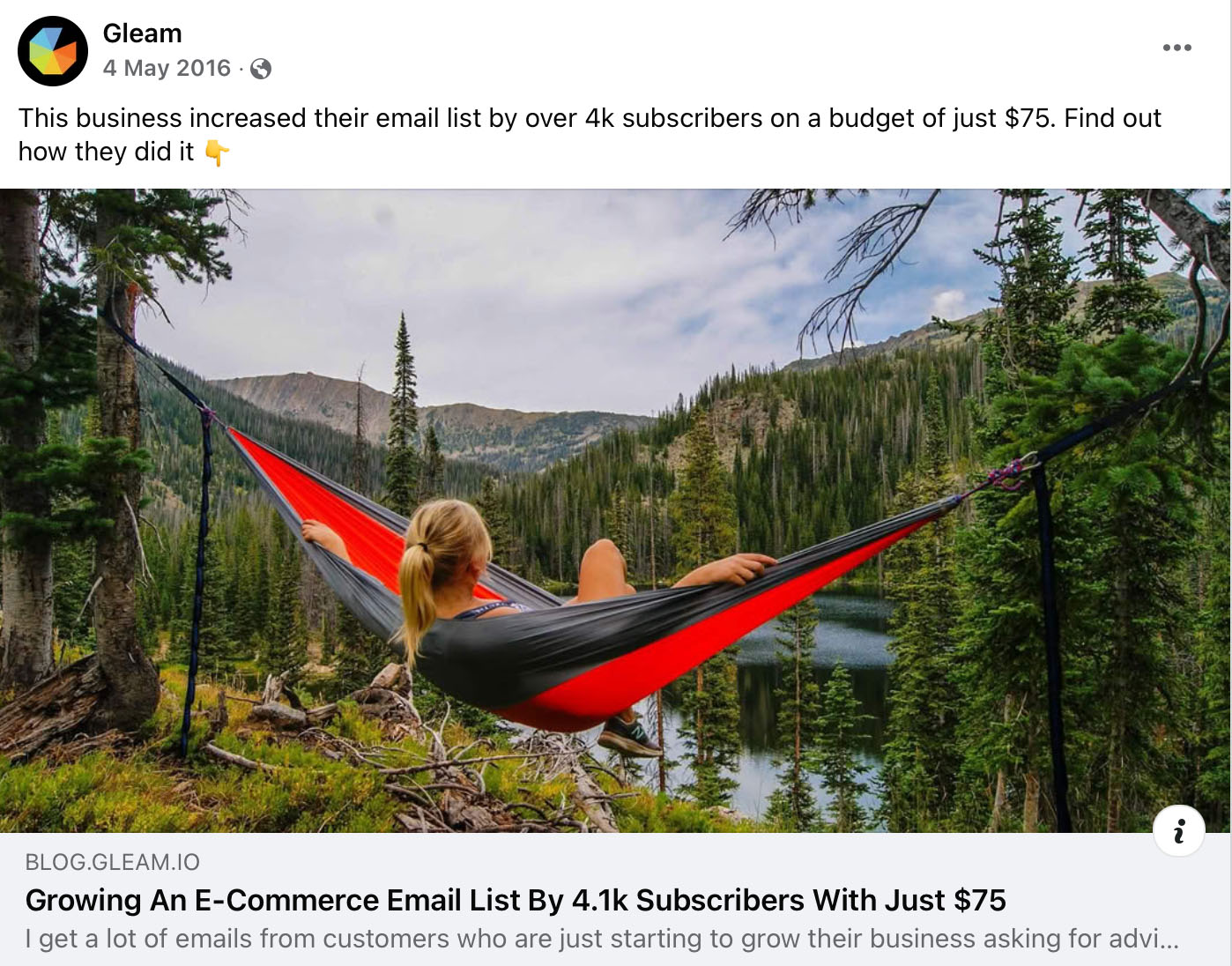 Woman in hammock overlooking forest and lake, used in Gleam email growth story