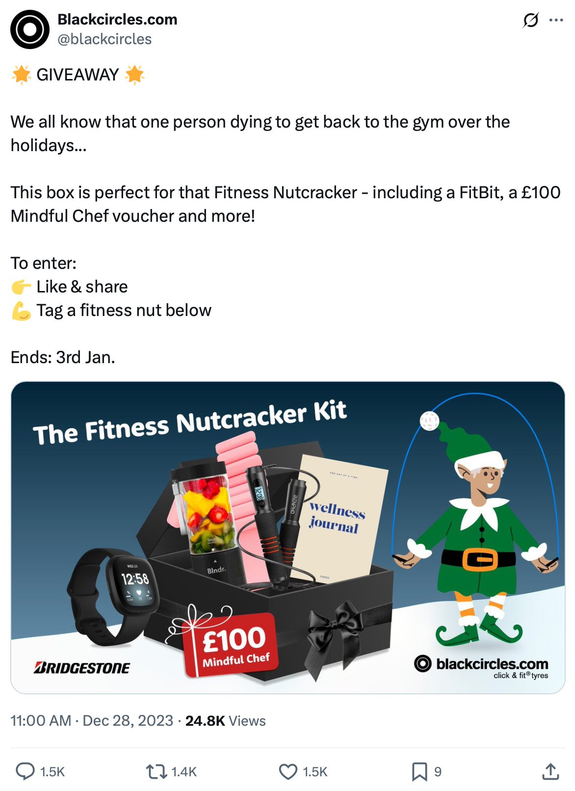 Blackcircles Fitness Nutcracker Kit giveaway on X X post from Blackcircles.com announcing a giveaway for a Fitness Nutcracker Kit, showing a box with a smartwatch, fruit blender, skipping rope, wellness journal and a £100 Mindful Chef voucher, with brand logos