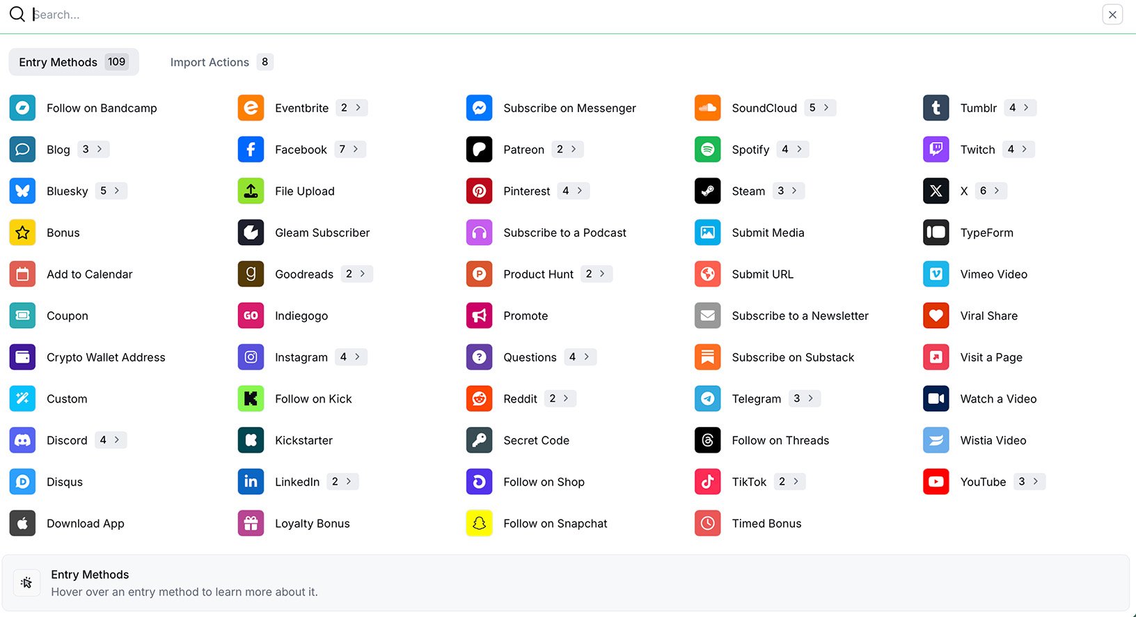 Gleam interface showing a grid of entry method options including social follows, visits, and content submissions