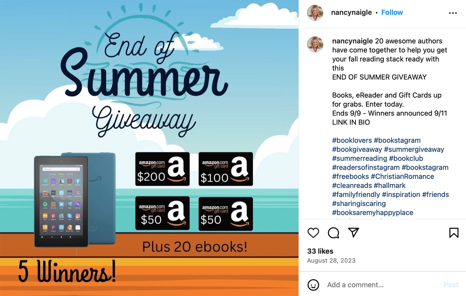 Attract book lovers with an eReader prize giveaway Instagram post promoting an eReader giveaway for book lovers