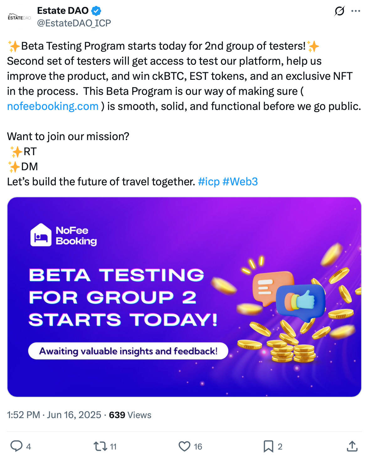 Beta testing announcement for Estate DAO's NoFee Booking platform with coins and feedback icons on a purple background