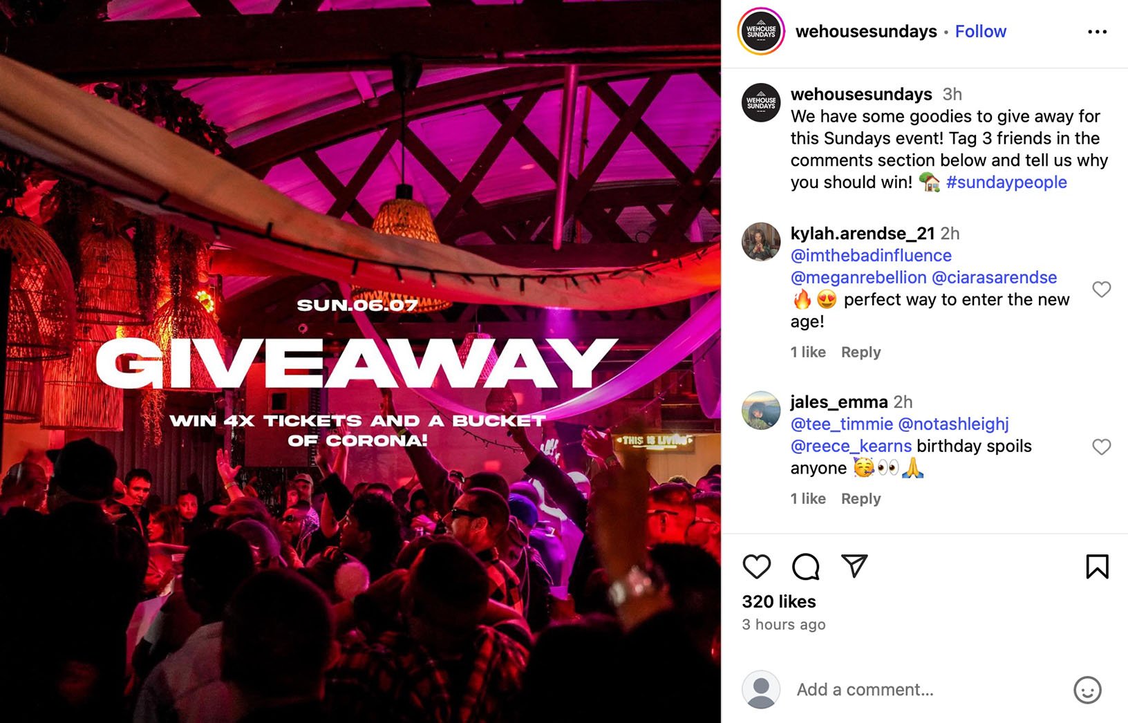 We House Sundays uses an Instagram comment giveaway to promote their upcoming event Instagram giveaway post from We House Sundays offering tickets and a bucket of Corona for tagging friends
