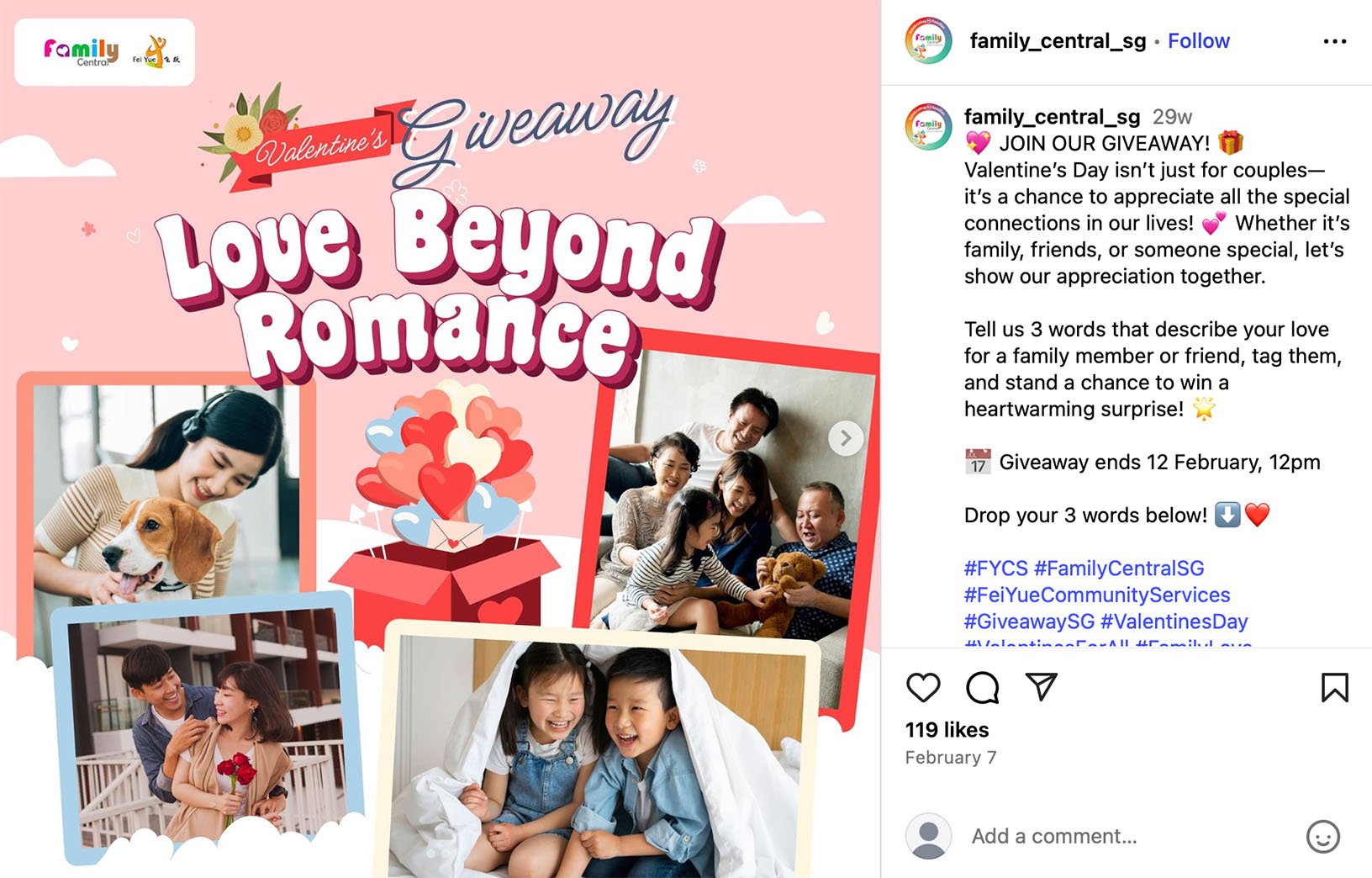 Valentines giveaway example promoting love beyond couples on Instagram Instagram Valentines giveaway post celebrating love beyond romance with photos of families, friends, and pets
