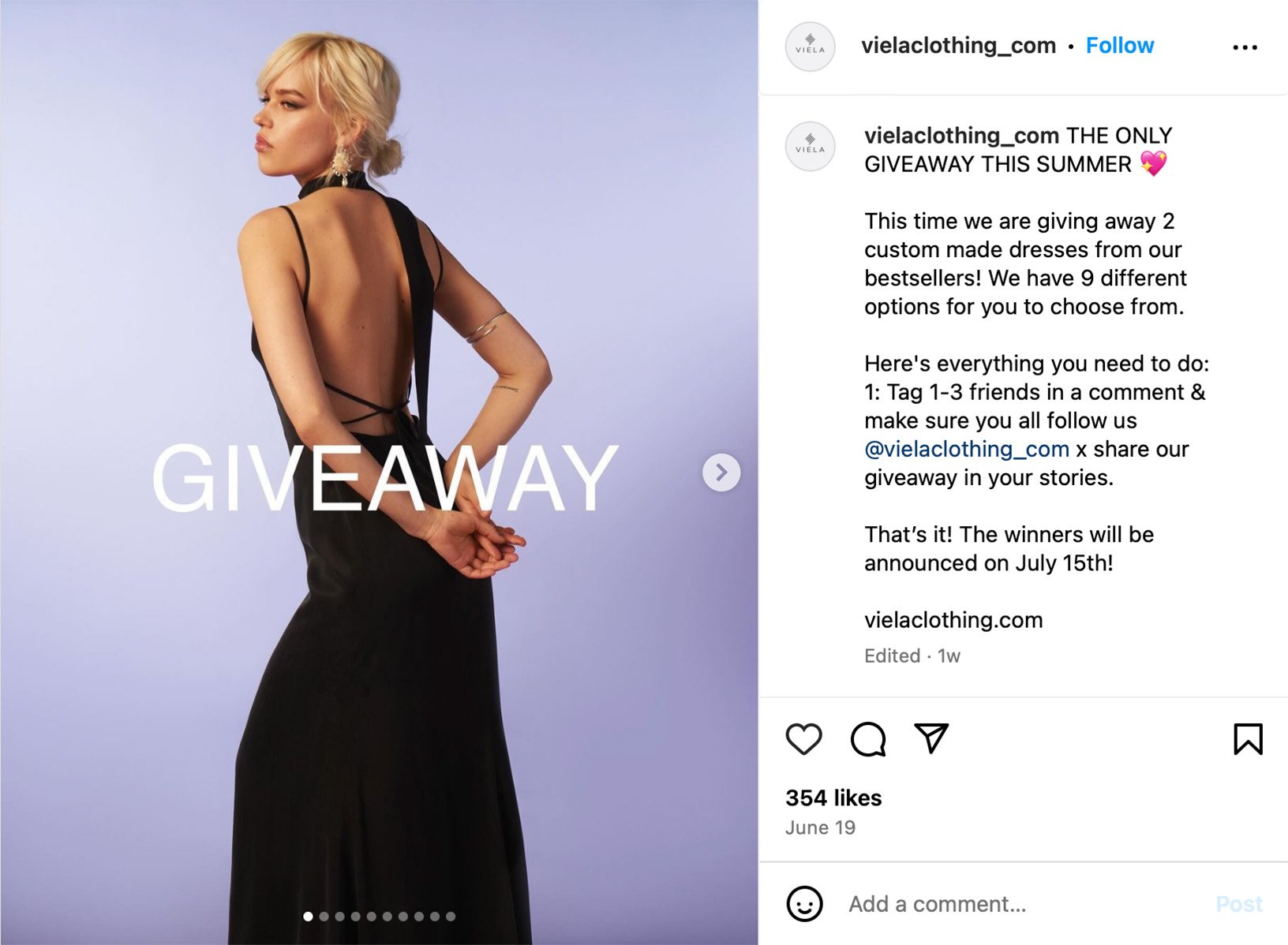 Fashion giveaway example on Instagram