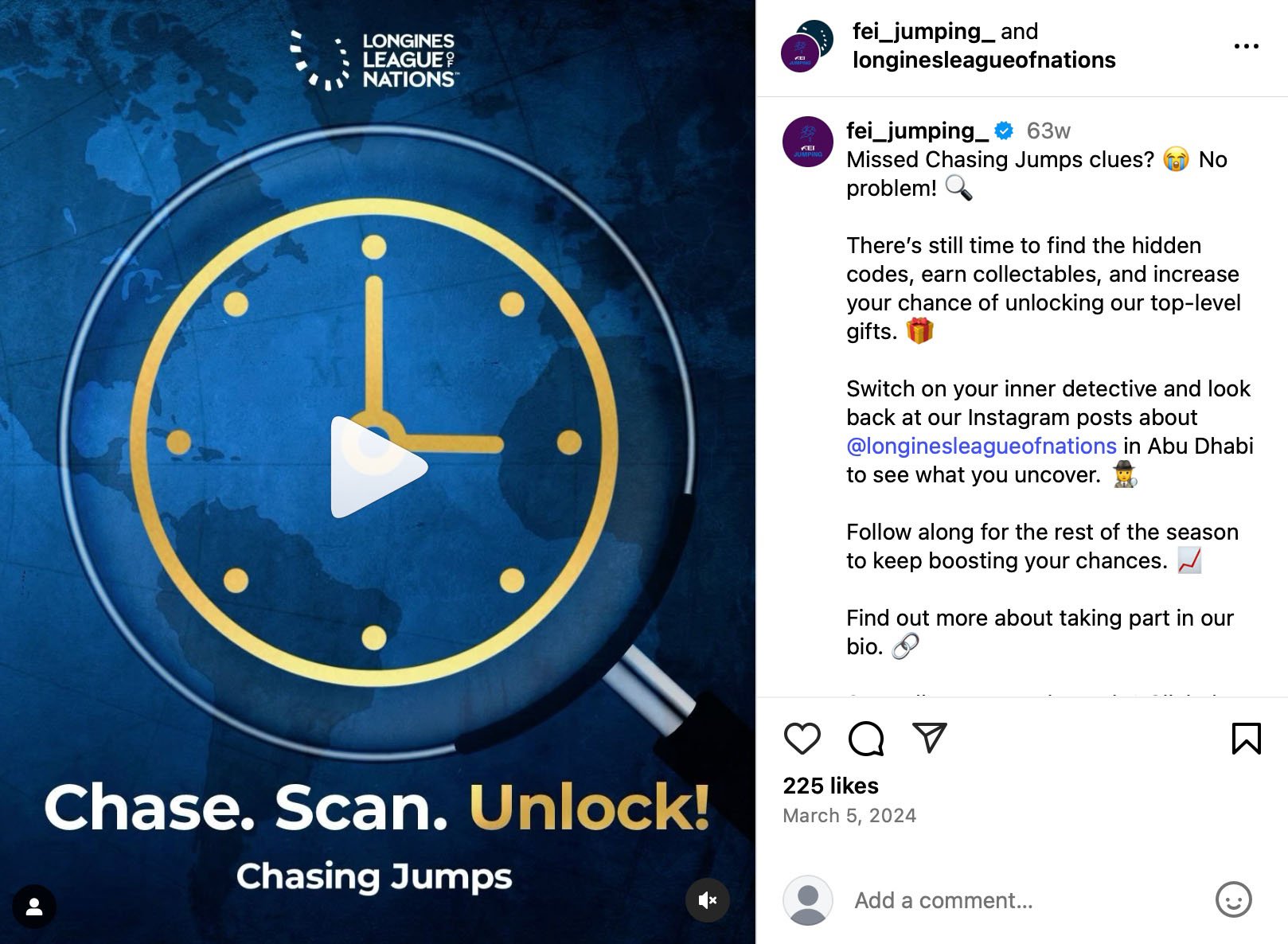 FEI equestrian jumping event promotion on Instagram FEI Instagram post highlighting an equestrian jumping event with branded visuals and sponsor callouts