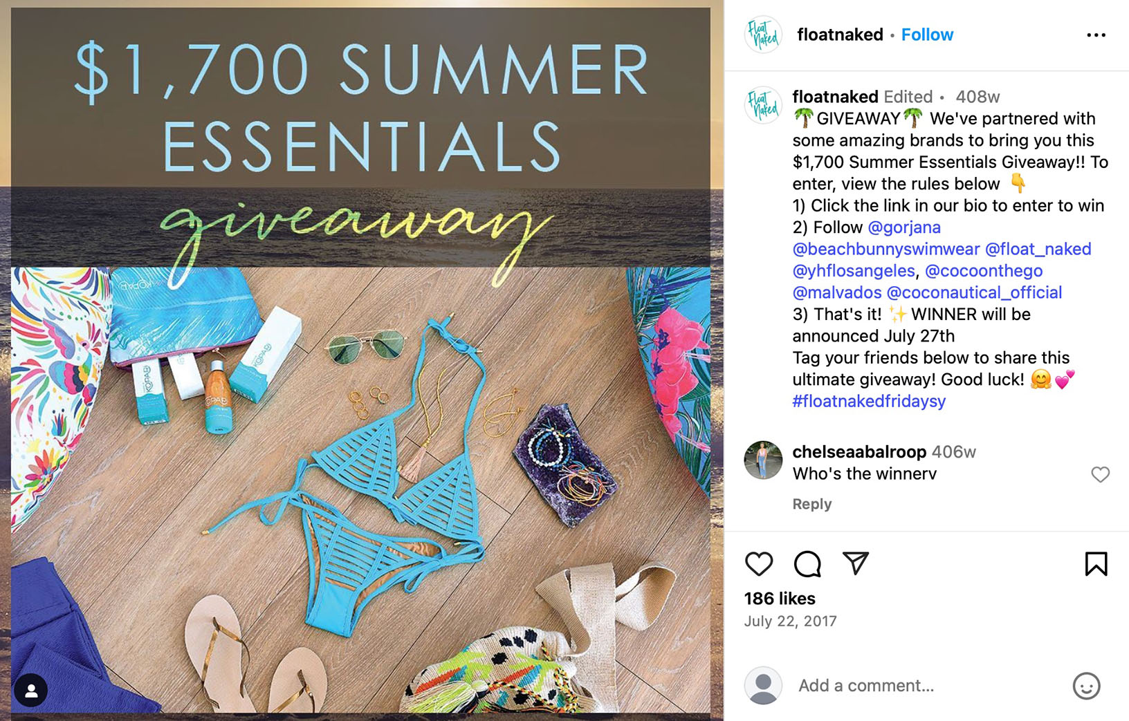 Travel-themed giveaway campaign on Instagram Instagram post featuring a giveaway of travel-themed prizes including branded merchandise
