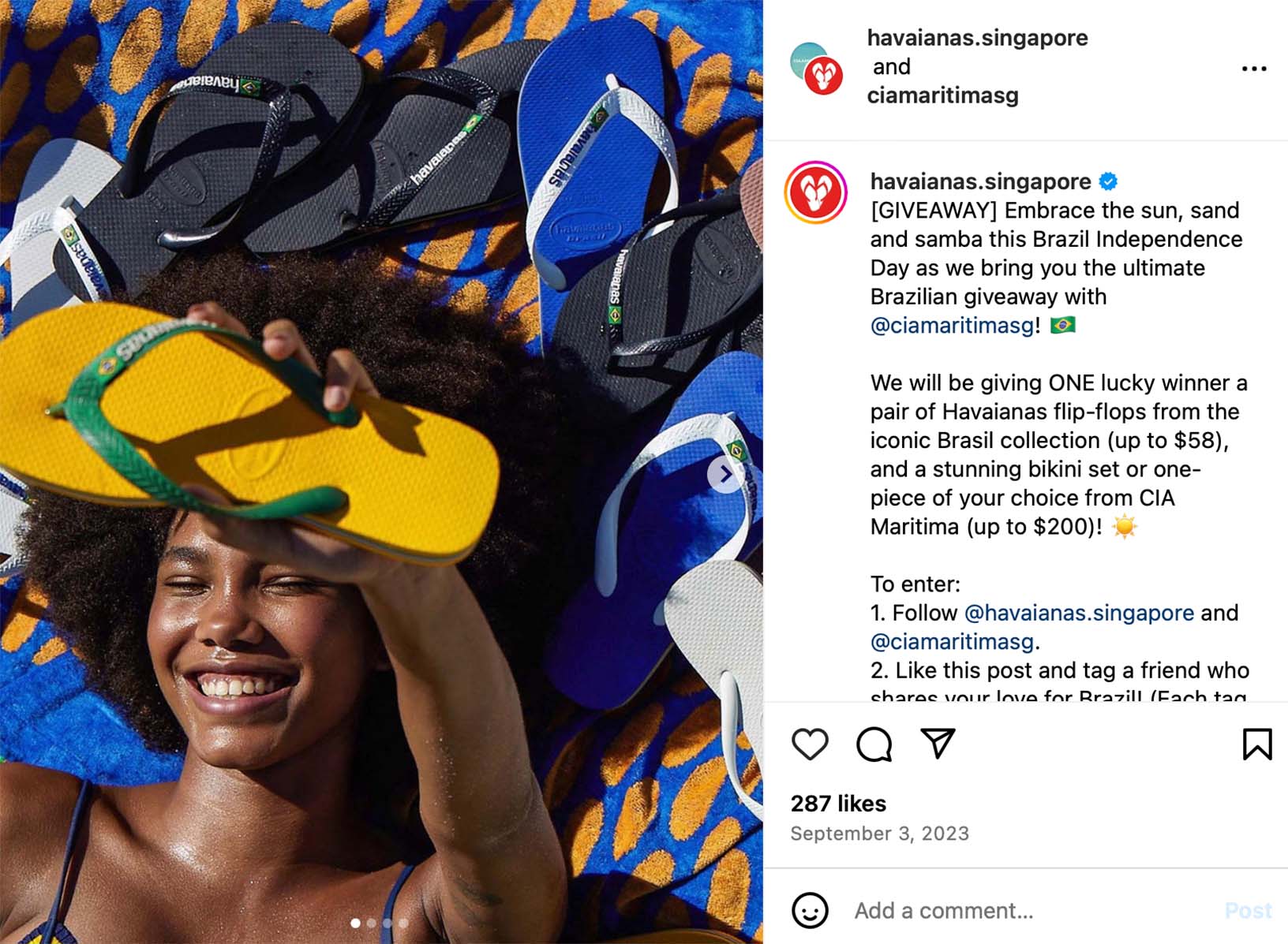 Run a fun flip-flop giveaway to boost summer brand engagement Instagram post promoting a flip-flop giveaway for summer audiences