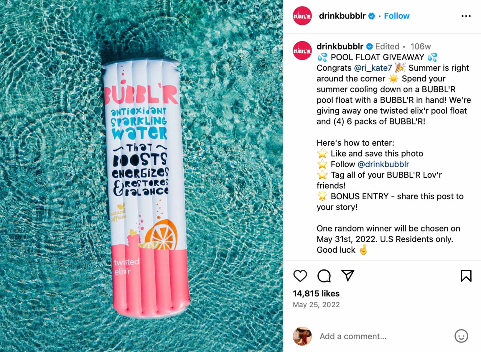 Boost summer vibes with a floating lounger giveaway Instagram post promoting a floating lounger giveaway for summer relaxation